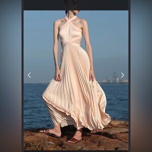 Halter Pleated Maxi Dress Peach Pink